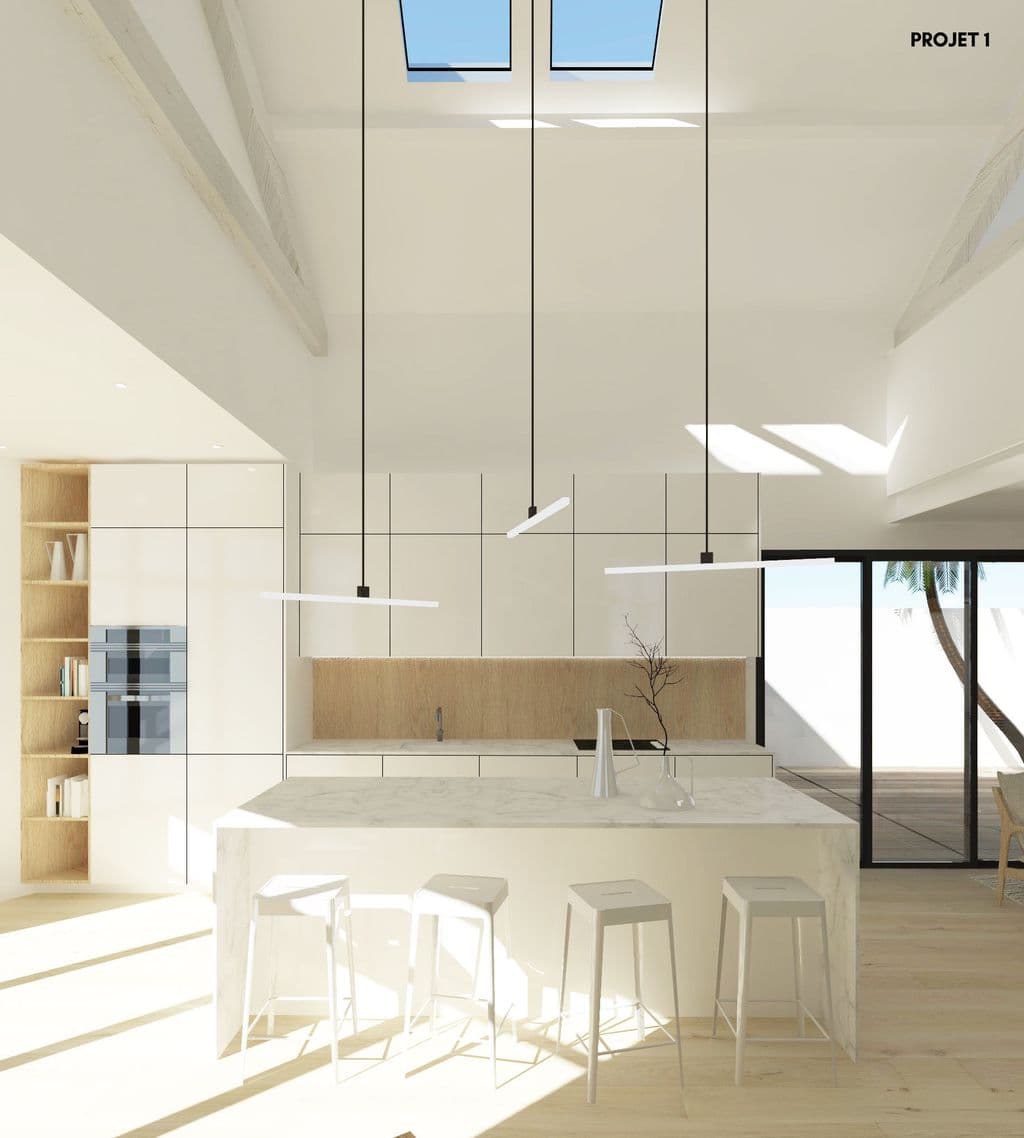 projet SD cuisine blanche credence bois et ilot central surmonte d un plan de travail en marbre.jpg